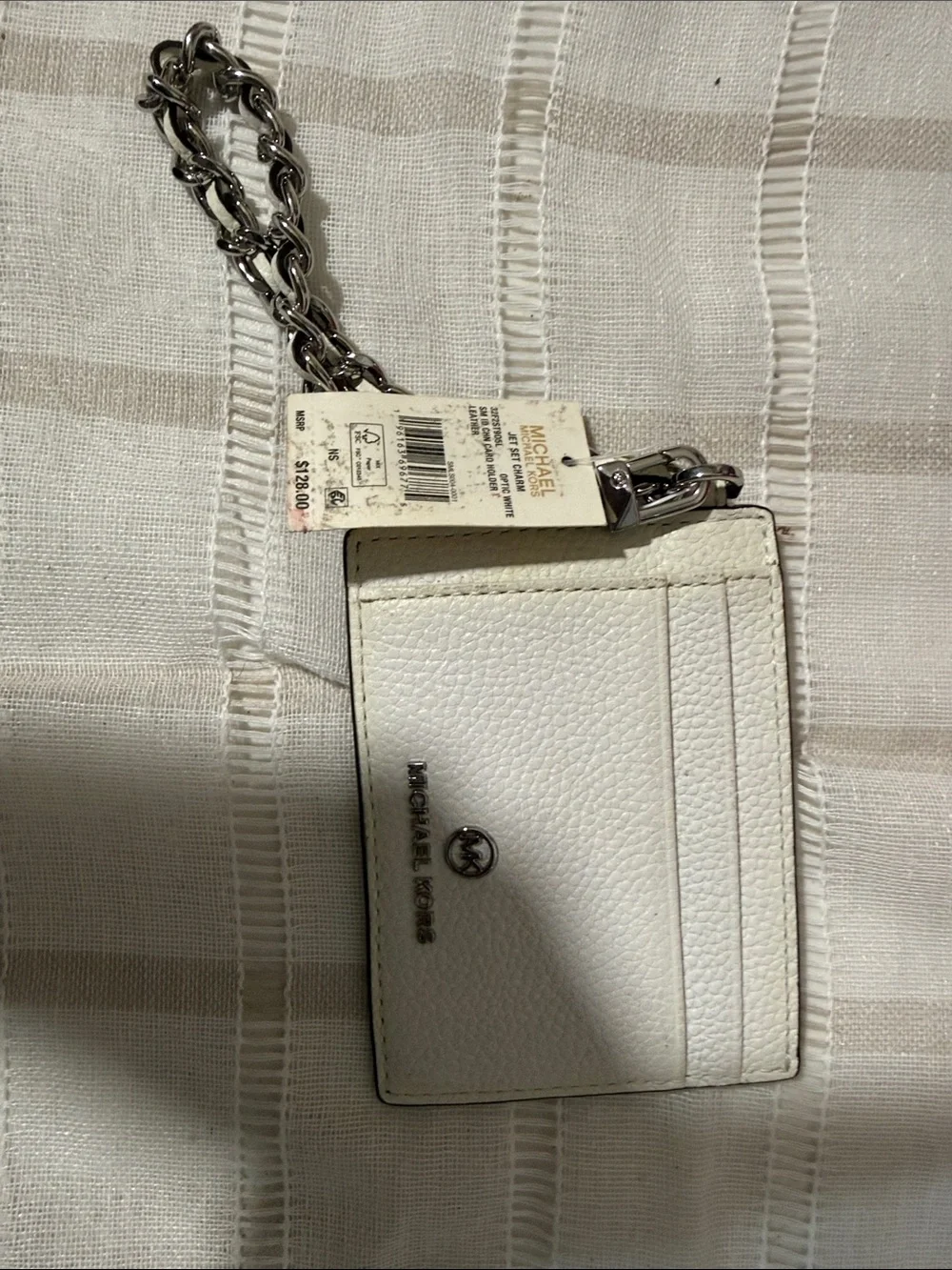Michael Kors Cream Leather Card Holder with Silver Chain